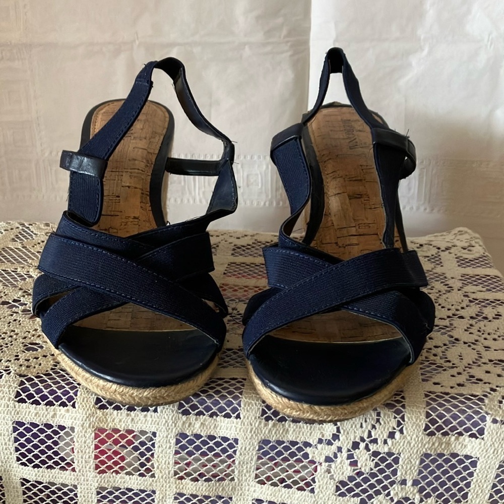 Merona Women’s Sz 10 Navy Blue Espadrille Wedge Sandals 3” Heel Ankle Strap GUC